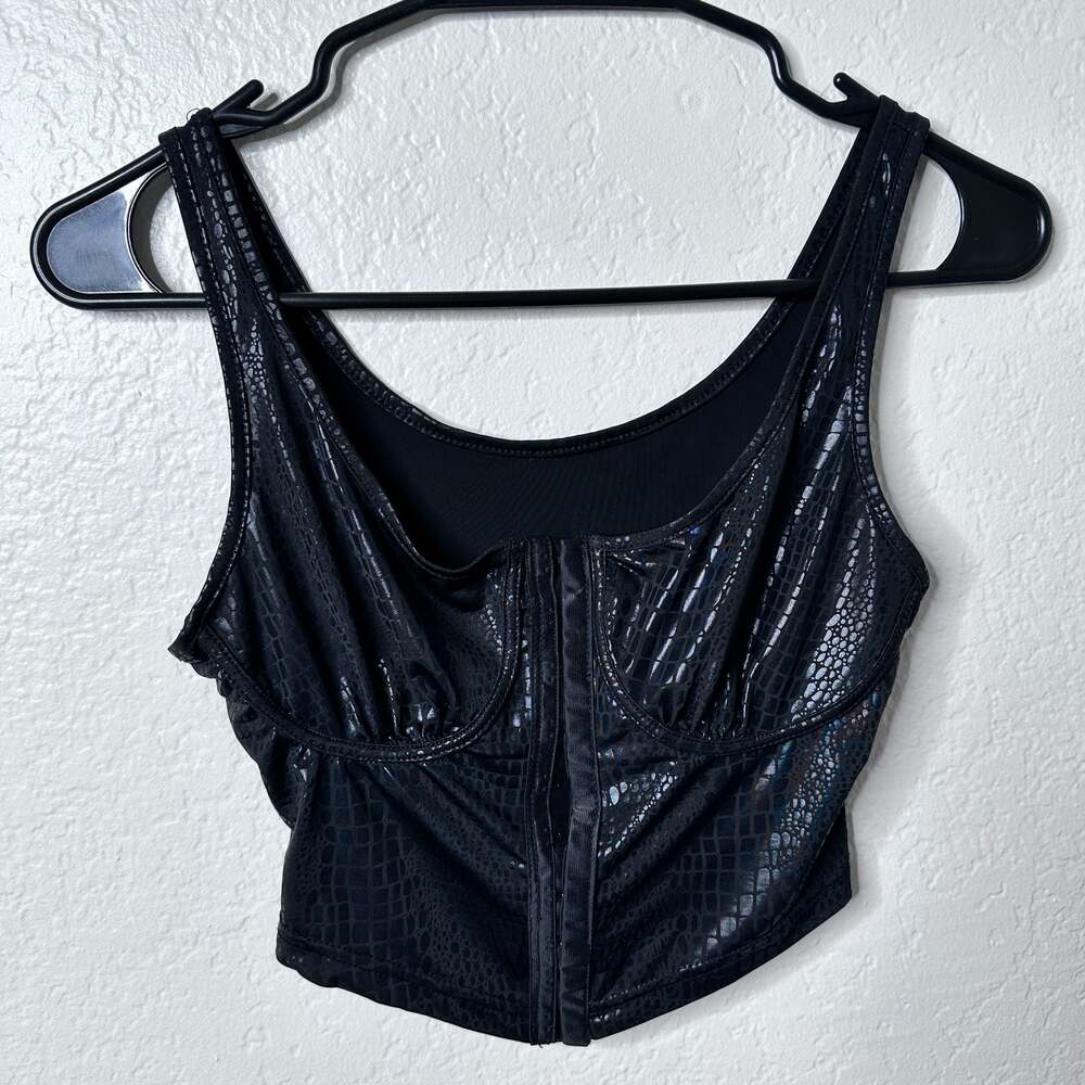 SHEIN Black Faux Leather Croc-Embossed Corset Crop Top - XS/S